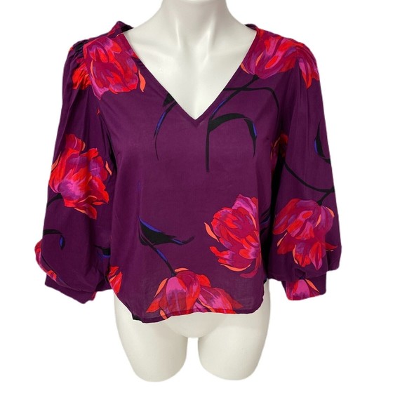 Lot of 2 Womens Tops Small Floral V Neck Poof Sleeve Ruffle Round Purple Red - Picture 5 of 12